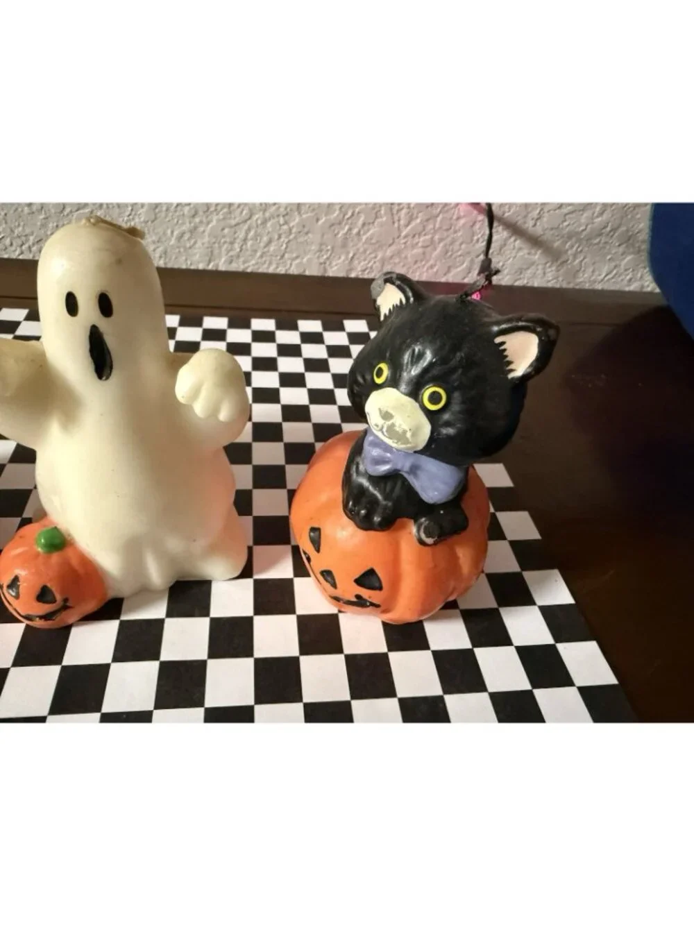 3 Vintage Halloween Candles Black Cats In Pumpkin Ghost Retro Table Top Mantel